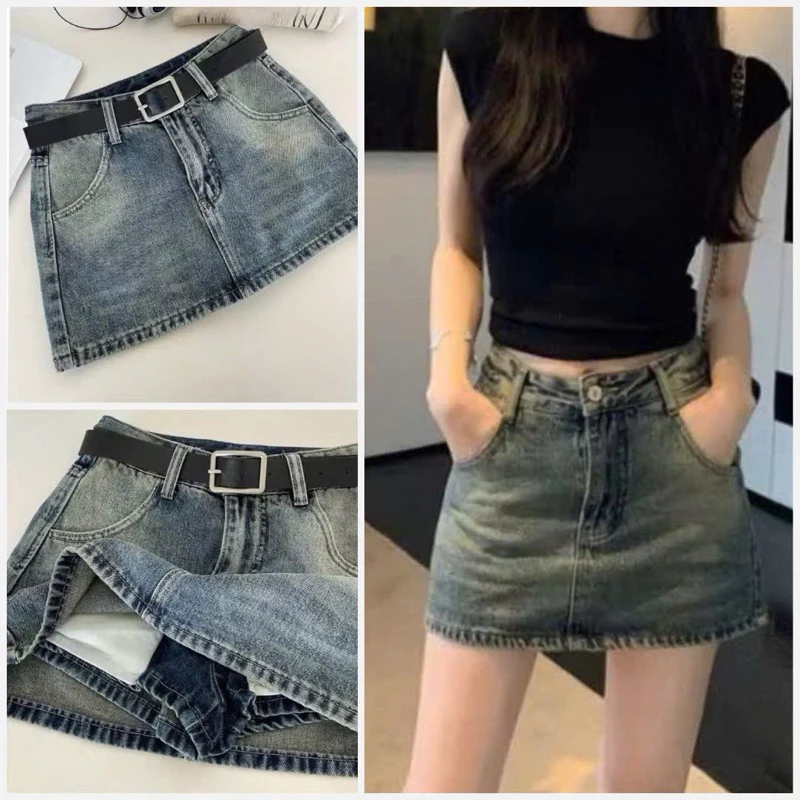 Chân Váy Jean ngắn Chữ  A. Cạp cao dáng ngắn tôn dáng chân váy bò có quần trong bảo hộ chất bò denim cao cấp