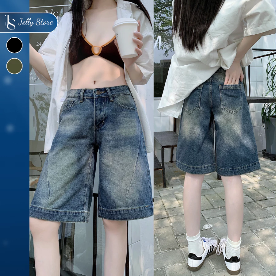 Quần jean ngố nữ form rộng, quần đùi ống rộng cạp cao JELLY STORE baggy jeans short nam nữ
