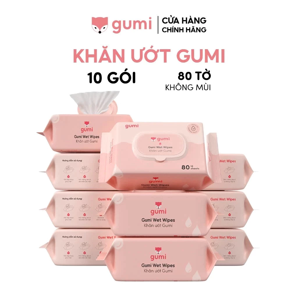 (NEW) Thùng 10 gói khăn uớt 80 tờ Gumi không cồn không parabens cao cấp dành cho em bé