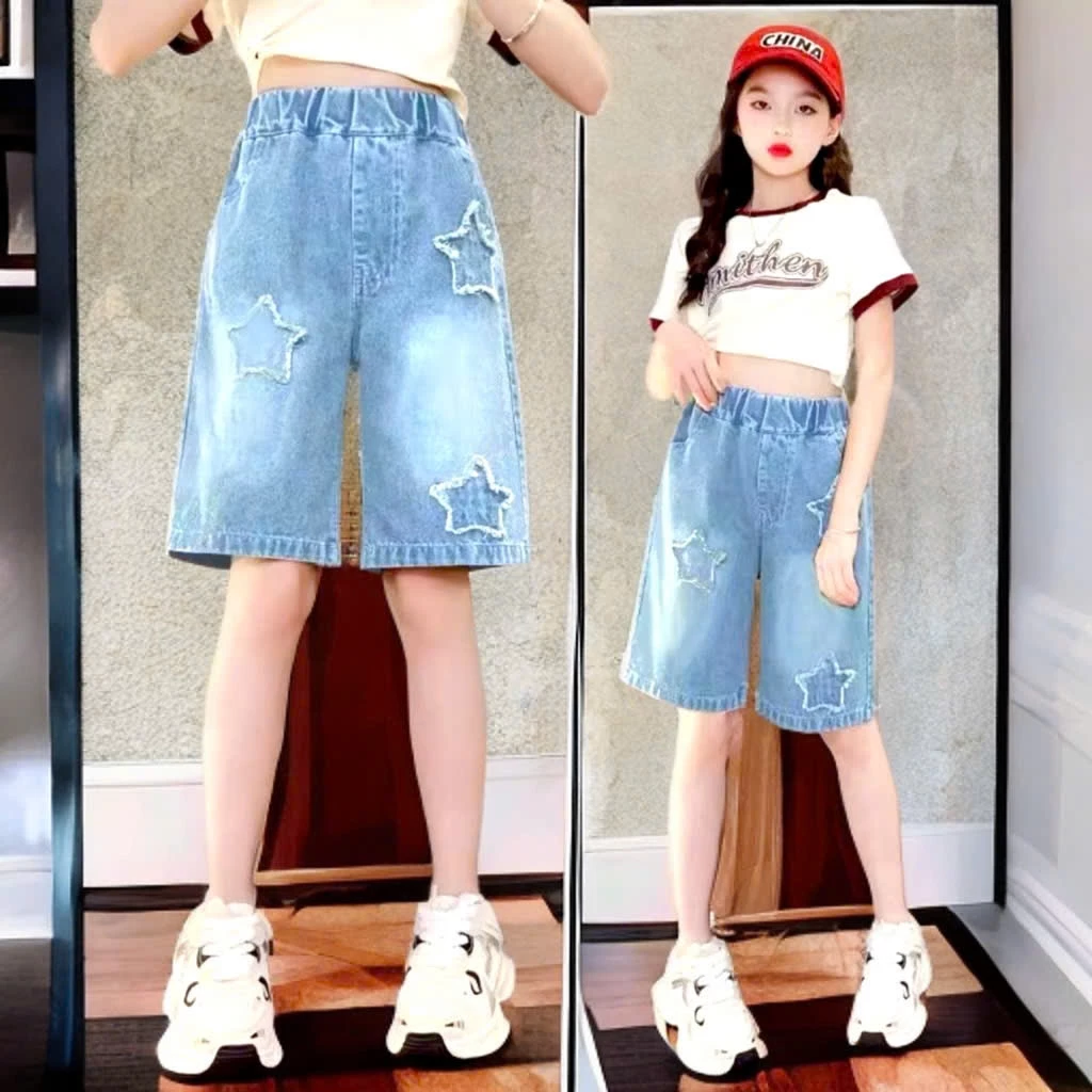 (16-50kg) Quần short jean bé gái, ngang gối thêu họa tiết (mã STN11)