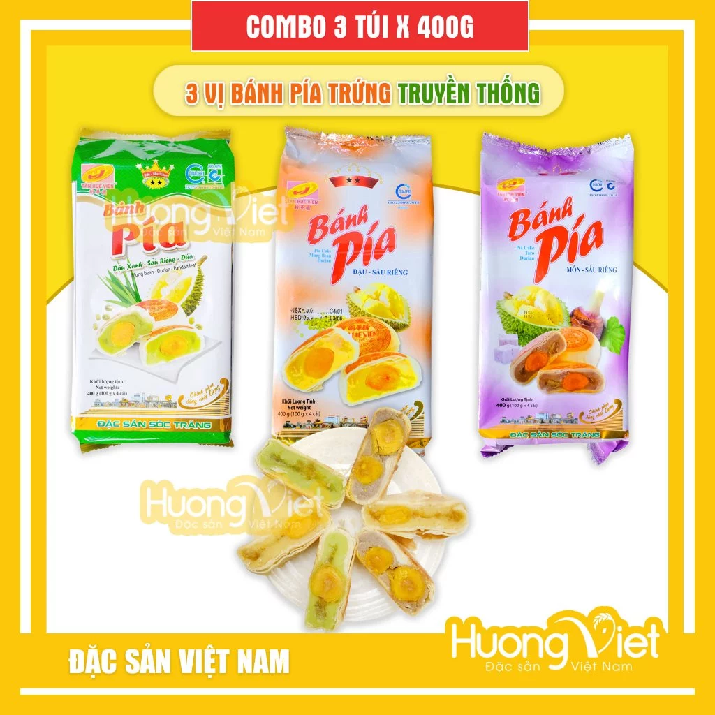 Combo 3 vị bánh pía sầu riêng truyền thống Tân Huê Viên (đậu xanh, khoai môn, lá dứa sầu riêng)