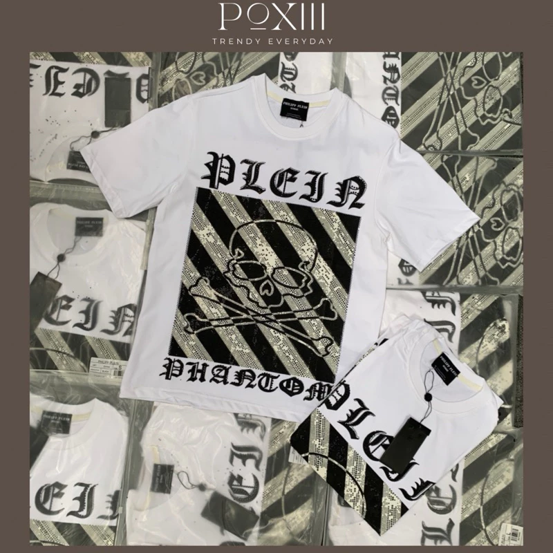 Áo Phông Philip Đính Đá Màu Trắng Logo Da Tag Sắt - Áo Phông Nam Nữ Ép Đá Vải Cotton Dày Dặn
