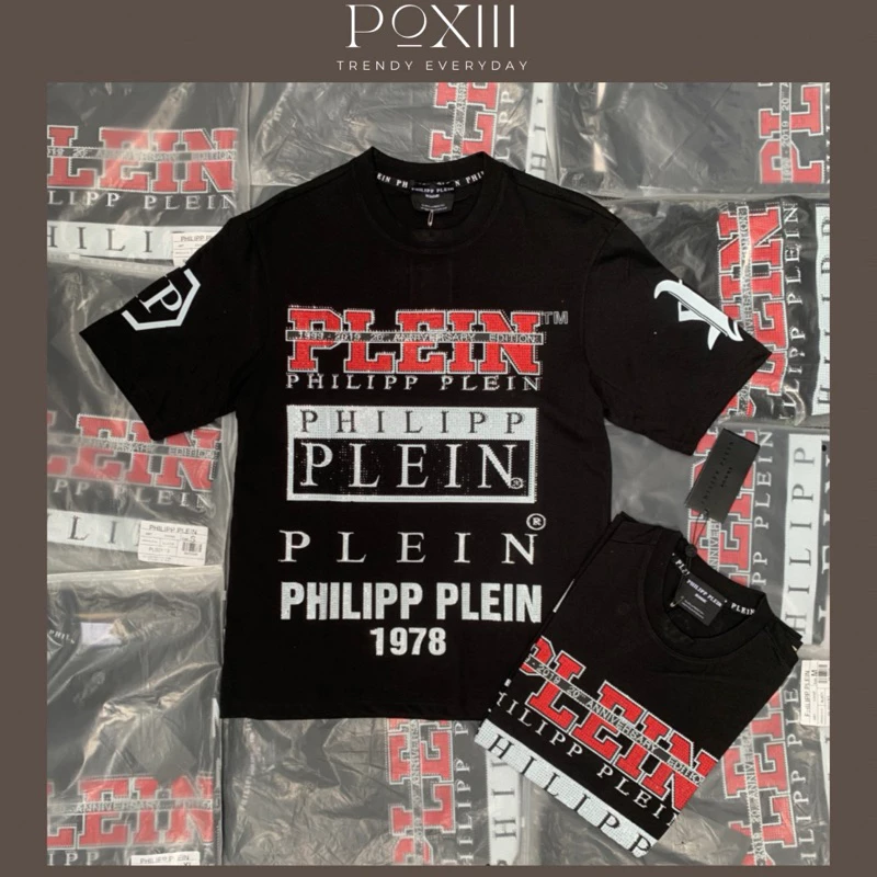 Áo Phông Philip Đính Đá Chữ Đỏ Logo Da Tag Sắt Viền Cổ Form Chuẩn - Áo Phông Nam Nữ Ép Đá Vải Cotton Dày Dặn