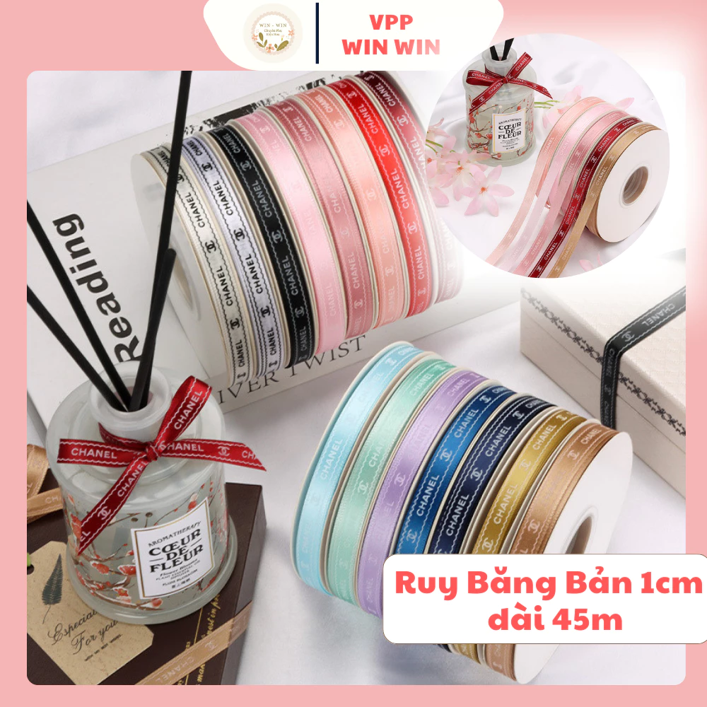 Ruy Băng Thương Hiệu, Ruy Băng 1cm Dài 45m, Ruy Băng Lụa Cao Cấp Gói Hoa, Gói Quà