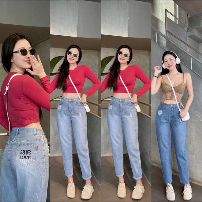 QUẦN BAGGY ỐNG NHỎ KHÔNG CO GIÃN THÊU HOẠ TIẾT CHỬ “LOVE” Ở TÚI SAU   mang phong cách trẻ trung và thoải mái