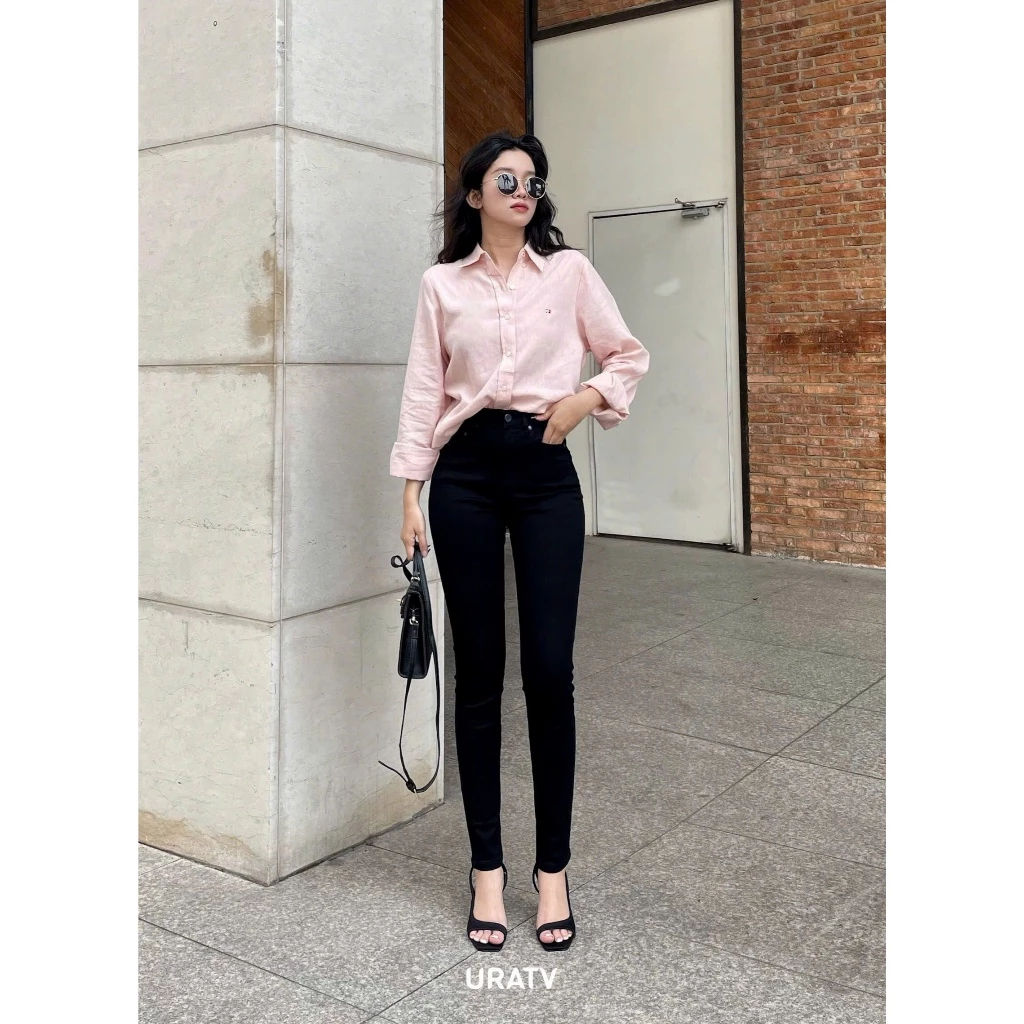 Quần jean nữ skinny trơn co giãn lưng cao dày dặn URATV