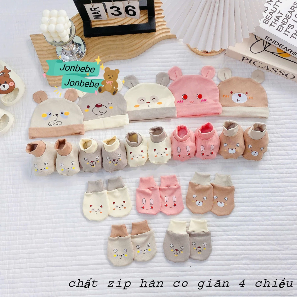 Mũ, Bao Tay, Bao Chân Jonbebe, Chất Cotton Hàn Co Giãn 4 Chiều Cho Bé Trai, Bé Gái Sơ Sinh 0-3 Tháng