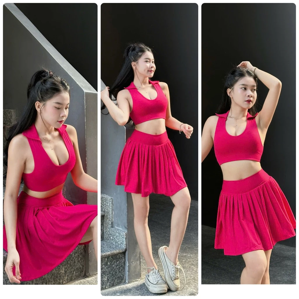 Set Váy Thể Thao Nữ Xếp Ly Cổ Bẻ Tập Pickleball, Cầu Lông, Tennis