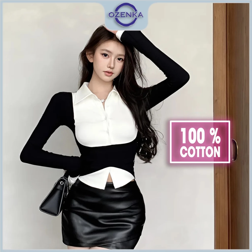 Áo thun croptop tay dài kiểu polo ôm body đen trắng nữ ozenka , áo crt cotton đẹp sang chảnh thanh lịch cài khuy
