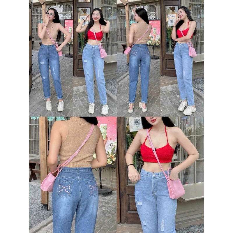 QUẦN BAGGY ỐNG NHỎ KHÔNG CO GIÃN THÊU HOẠ TIẾT “NƠ” Ở TÚI SAU