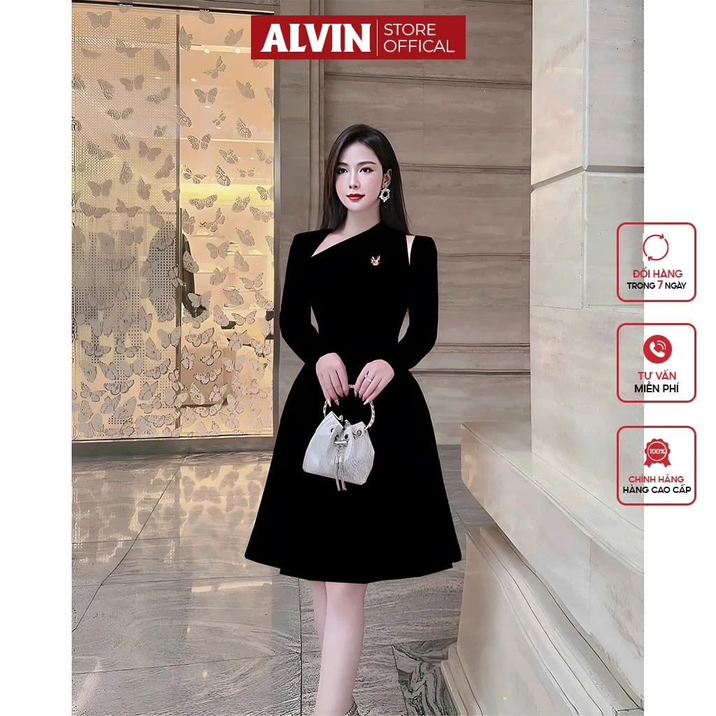 Đầm Dự Tiệc Dáng Xoè Ngắn Tay Dài Phối Logo Sang Trọng Alvin Store 1616