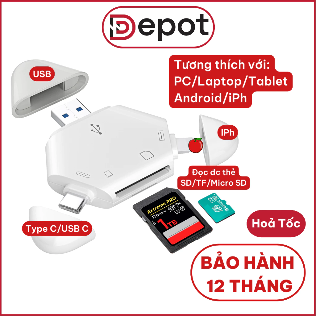 Đầu đọc thẻ nhớ đa năng cho điện thoại, máy tính, laptop, máy tính bảng tốc độ cao hỗ trợ thẻ SD TF, BH 12 tháng.
