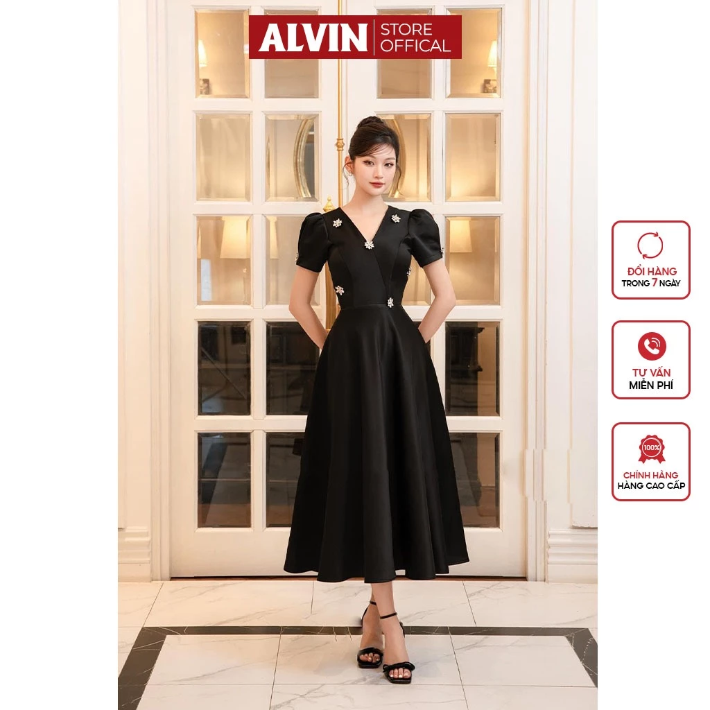 Đầm Dự Tiệc Dáng Xoè Kiểu Tay Con Cổ V Đính Hoa Đá Alvin Store 1614