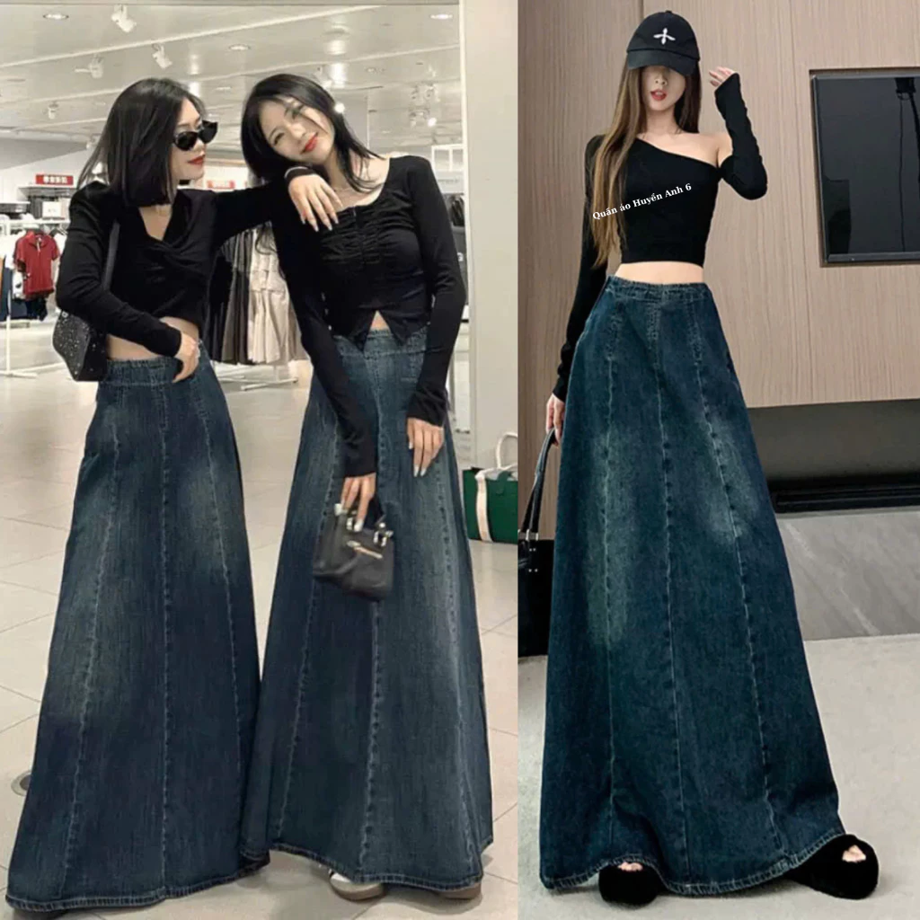 Chân váy jean bò dài dáng xòe chữ A cạp cao dành cho nữ_quân áo huyền anh