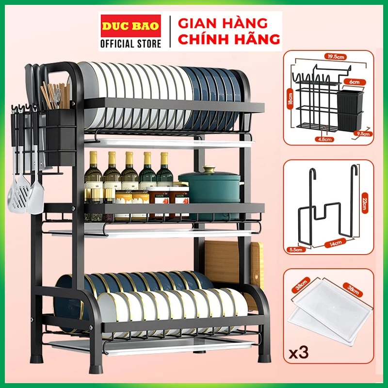 Kệ bát 3 tầng kèm 3 khay hứng nước, kệ để bát đĩa đa năng kèm giá để đũa cài dao thớt