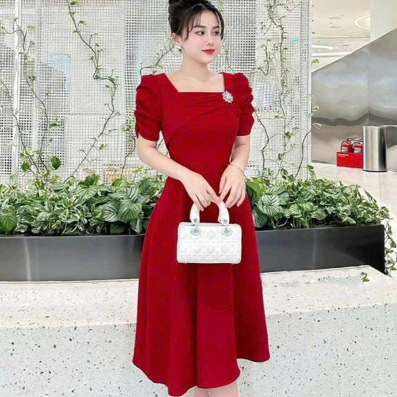 Đầm Nữ Dáng Xòe COTTON Lạnh Đính Đá Nữ Tính Dịu Dàng