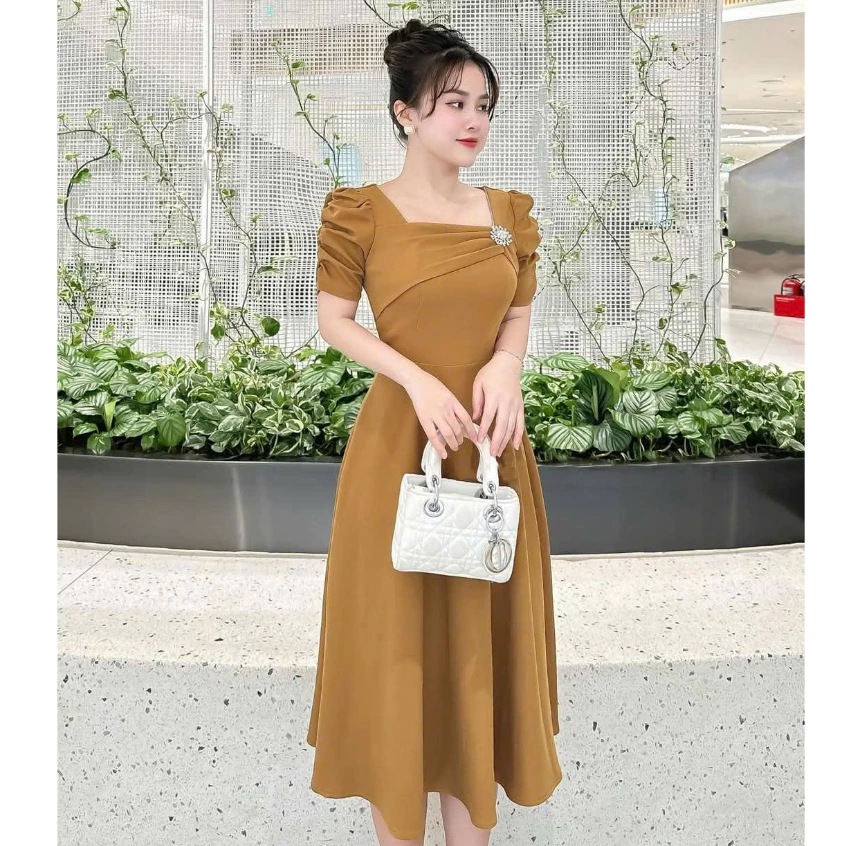[NEW] Đầm Nữ Dáng Xòe Cổ Vuông Đính Đá THỜI TRANG CAO CẤP