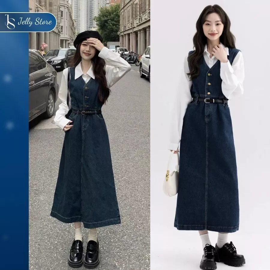 [Tặng thắt lưng] Váy Jean nữ dáng dài Jelly đầm nữ denim dài sang chảnh đi làm đi chơi F2