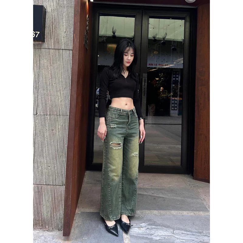 Quần jean ống suông, quần jean suông gân mài rách lưng cao phom chuẩn phong cách trẻ trung, cá tính