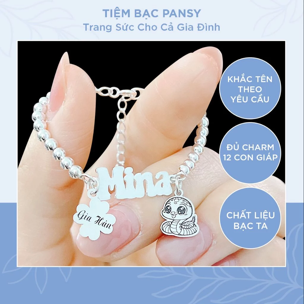 Lắc bạc cho bé gái, trai treo thẻ tên và hình con vật dễ thương - Vòng bạc đeo tay, chân trẻ em tuỳ chỉnh kích cỡ