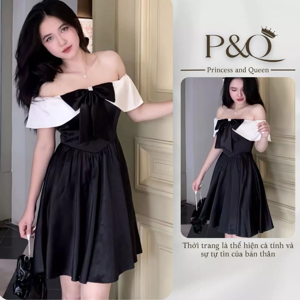 Váy dự tiệc nữ P&Q phong cách tiểu thư trễ vai cúp ngực dáng xòe đính nơ ngực có bigsize | vd0007