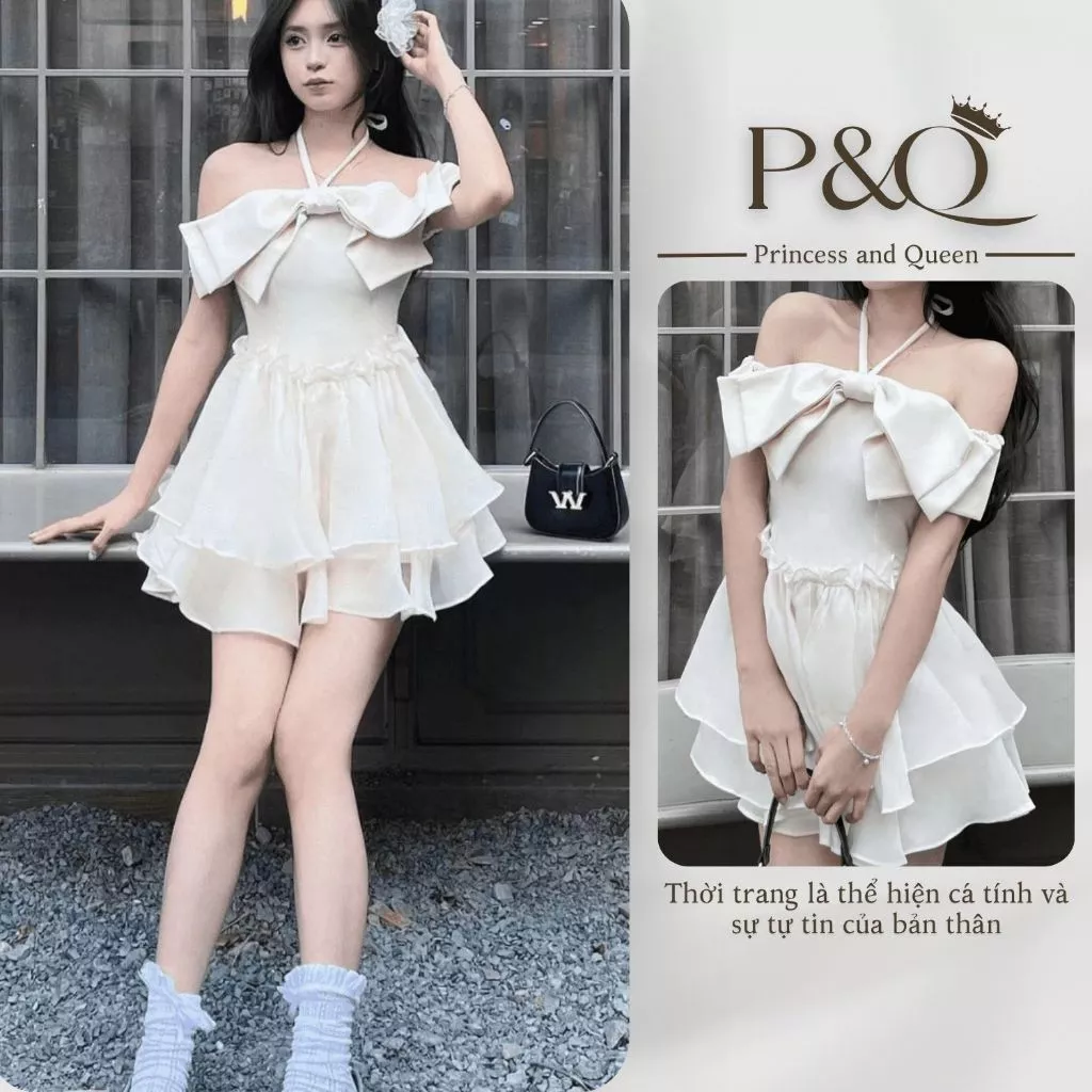 Đầm xòe mini P&Q nơ ngực trễ vai hai lớp có bigsize | vd0010