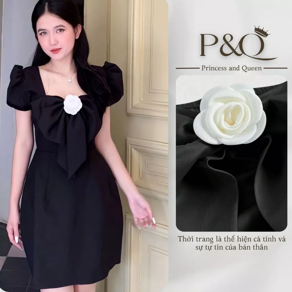 Váy cúp ngực nữ P&Q cổ vuông thanh lịch tay bồng đính hoa và nơ ngực có bigsize | vd0017