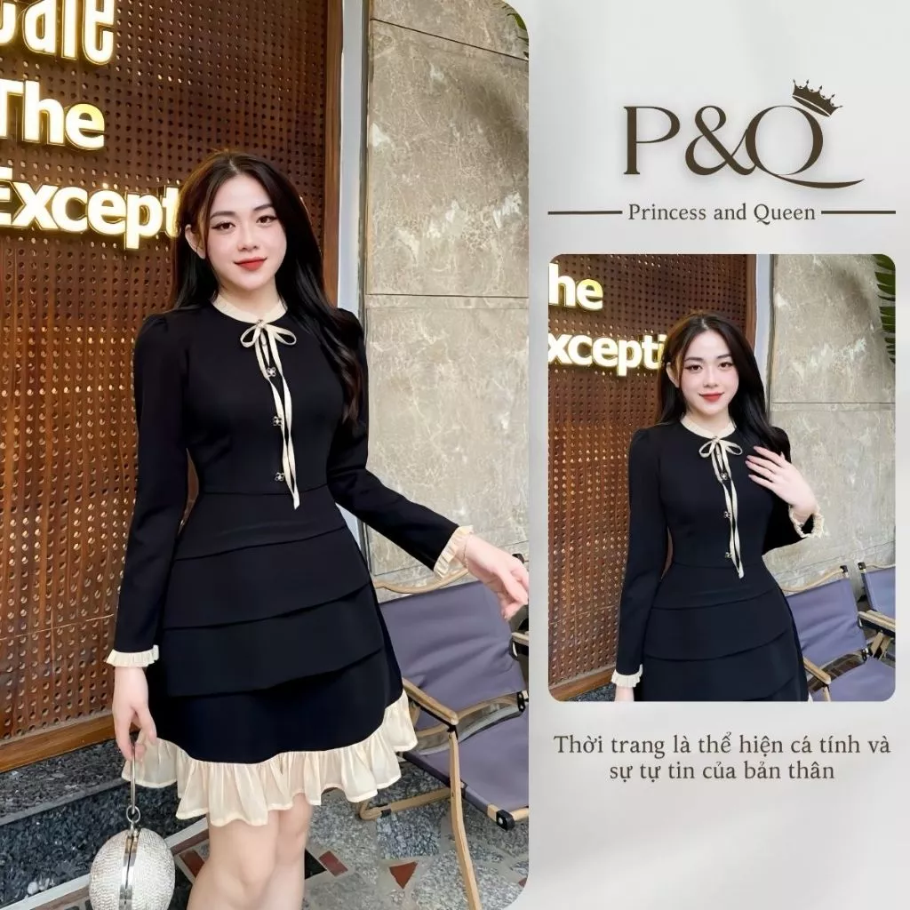 Đầm đen tiểu thư P&Q tay dài phối bèo phong cách Hàn Quốc vải tuyết mưa | vd0061
