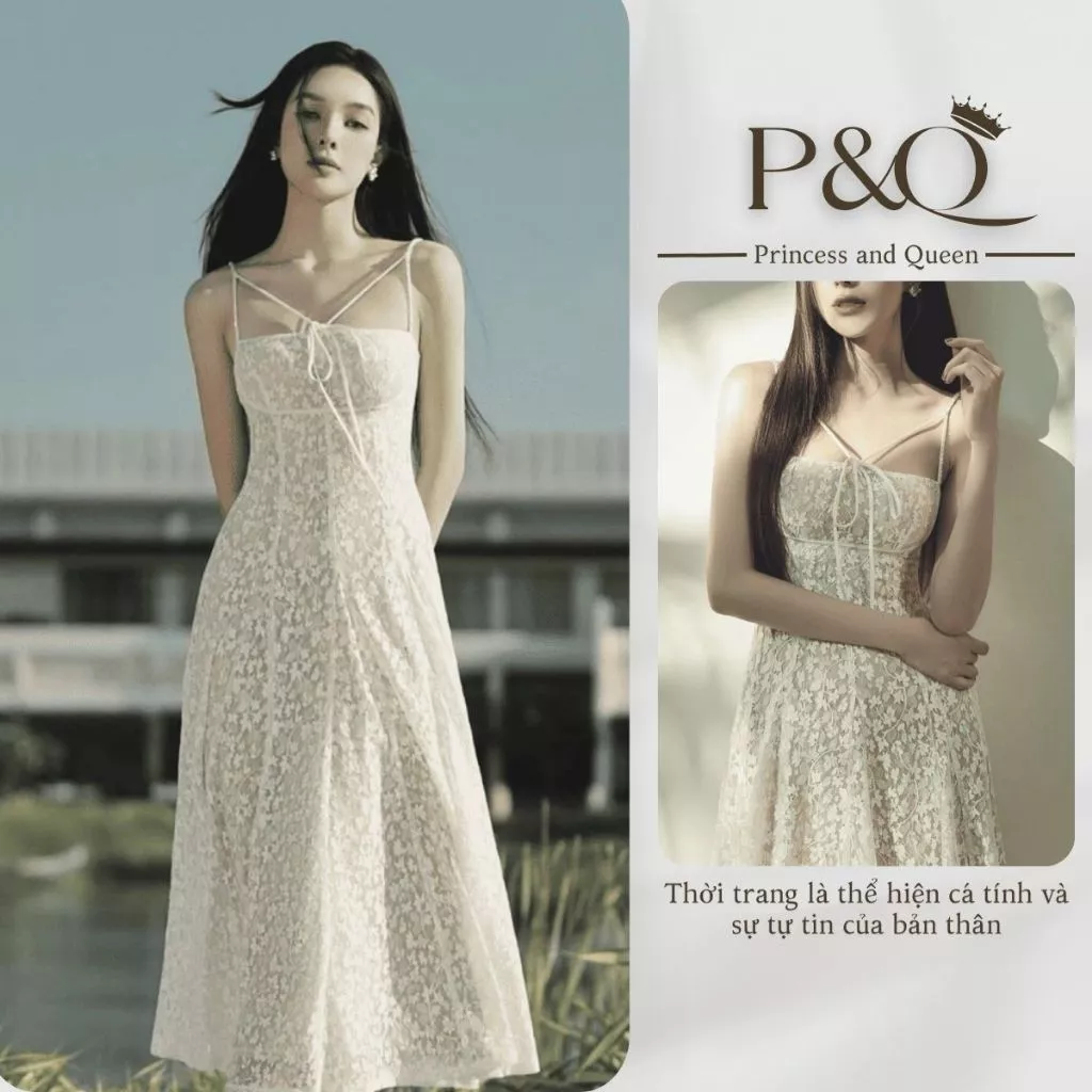 Đầm xòe maxi P&Q cổ thuyền vải ren hai lớp màu trắng dáng dài đi biển dự tiệc có bigsize | vd0034