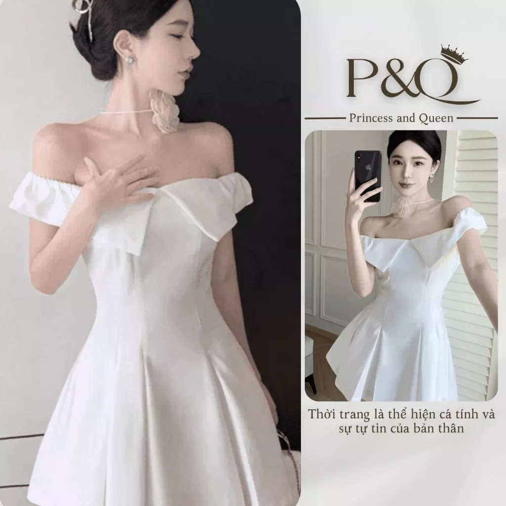 Đầm xòe mini P&Q xếp ly trễ vai vải goothun có bigsize | vd0039
