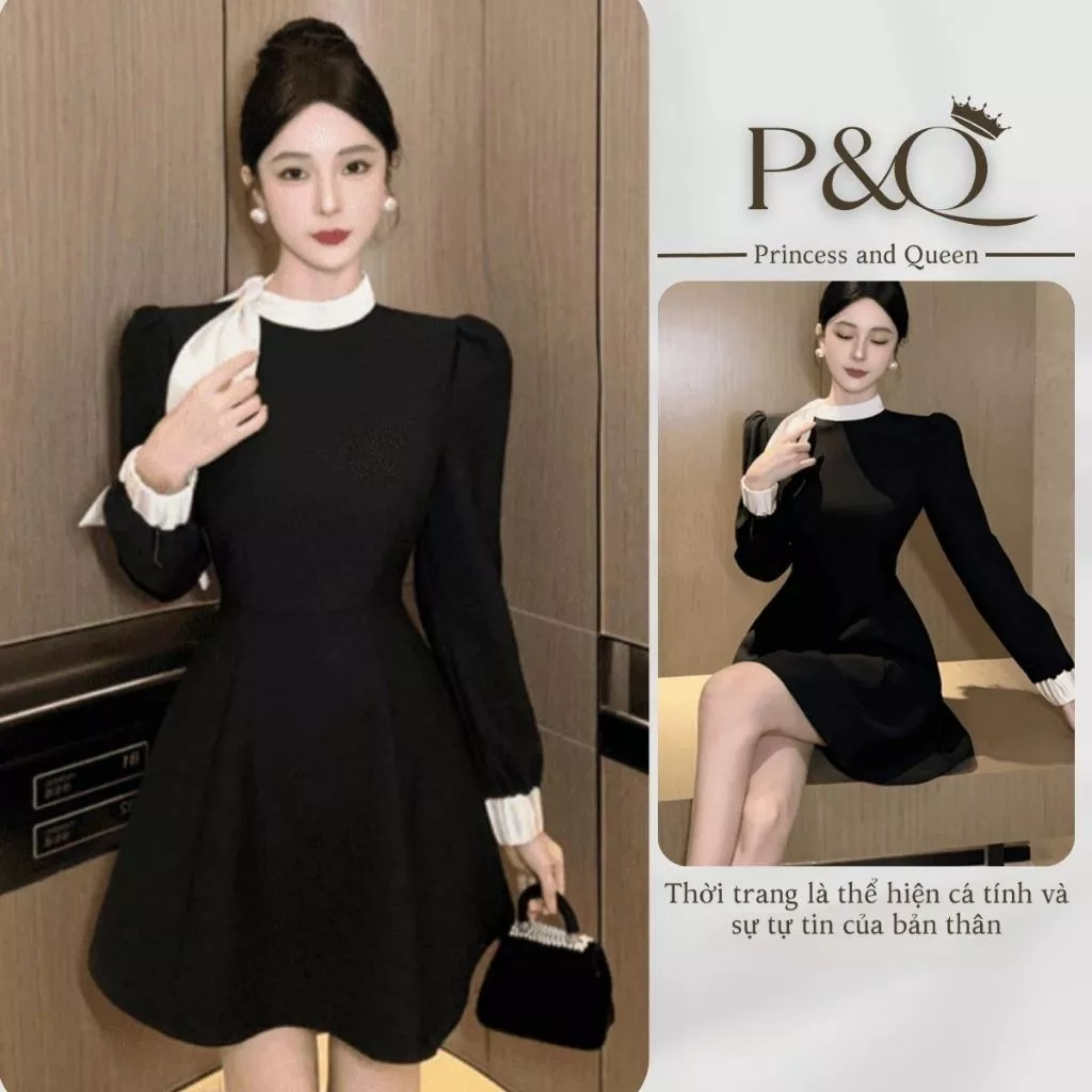 Đầm xòe nữ P&Q chân váy ngắn vải goothun họa tiết nơ ngực có lớp lót | vd0045