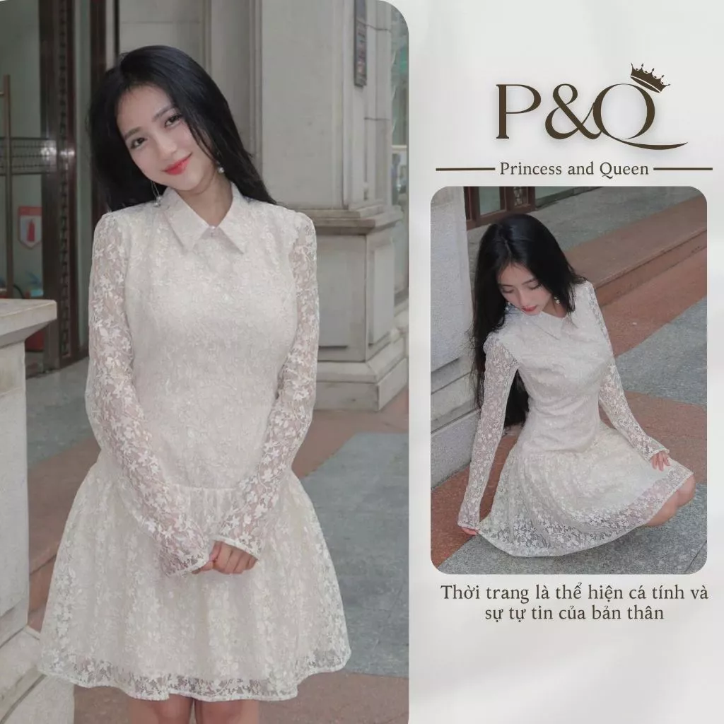 Đầm hoa nữ P&Q tay dài ren dáng xòe dài hai lớp có cúp ngực có bigsize | vd0058