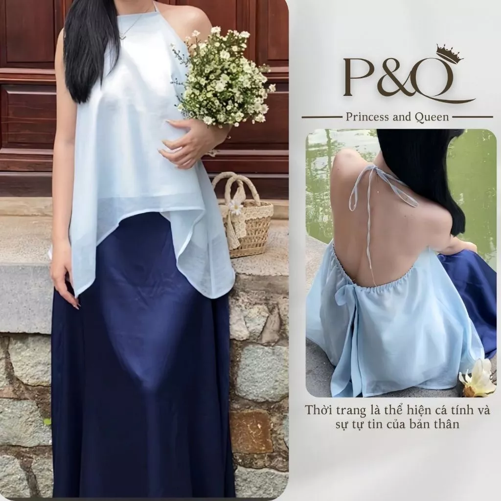 Set váy nữ P&Q áo yếm hai dây hở lưng phối chân váy dài basic mùa Trung Thu có bigsize | set0001