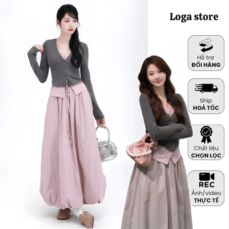 Set áo thun 2 lớp và chân váy bí dáng dài, set váy thu đông màu tím pastel Logastore_L290