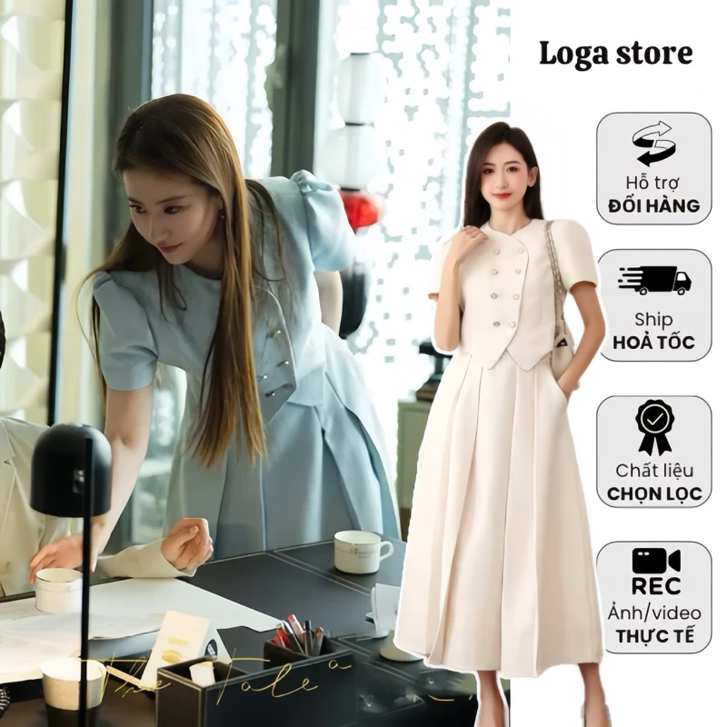 Set công sở vải dạ text thanh lịch, set áo kèm chân váy xếp ly dáng dài sang trọng Logastore_L77