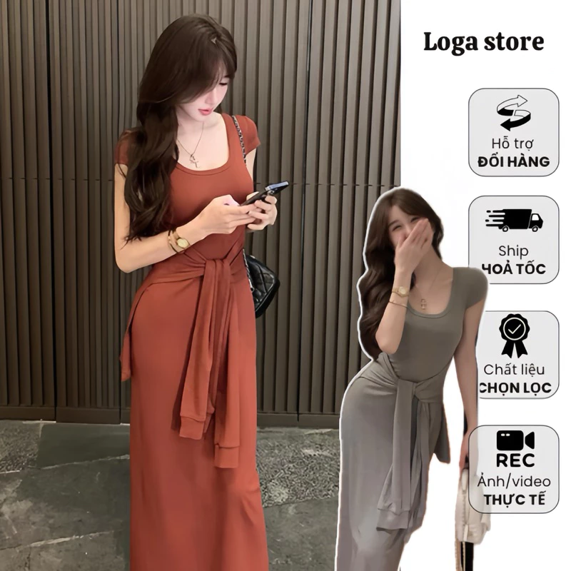 Đầm ôm body co dãn vạt rời thắt eo, váy body ngắn tay dáng dài chất thun cotton Logastore_L256
