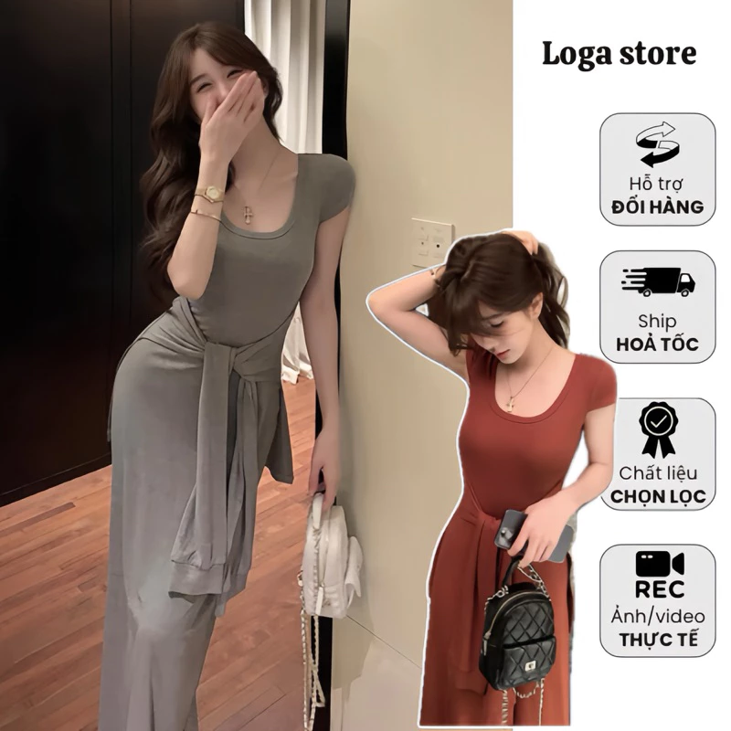 Đầm body dáng dài thun cotton co dãn thắt eo, váy ôm ngắn tay dáng dài Logastore_L256