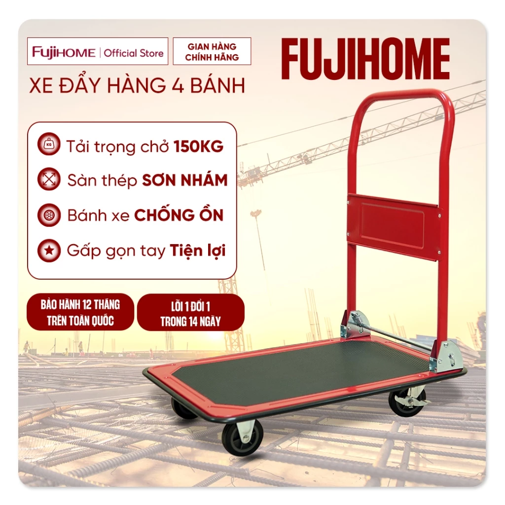 Xe đẩy hàng 4 bánh gấp gọn 150kg Nhập Khẩu Fujihome, bánh cao su có khóa chống ồn, xe kéo hàng xếp gọn đa năng