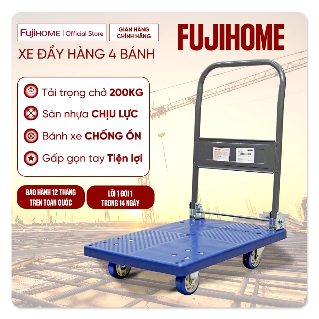 Xe đẩy hàng 4 bánh gấp gọn 100kg - 200kg nhập khẩu FUJIHOME, xe kéo hàng sàn nhựa xếp gọn bánh cao su chống ồn