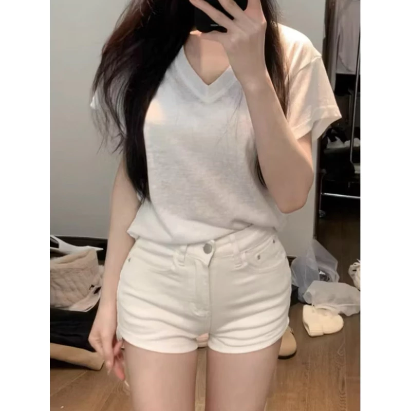 Quần short jean nữ hai màu co dãn, Quần đùi jean cạp cao hack dáng phối đồ cực dễ