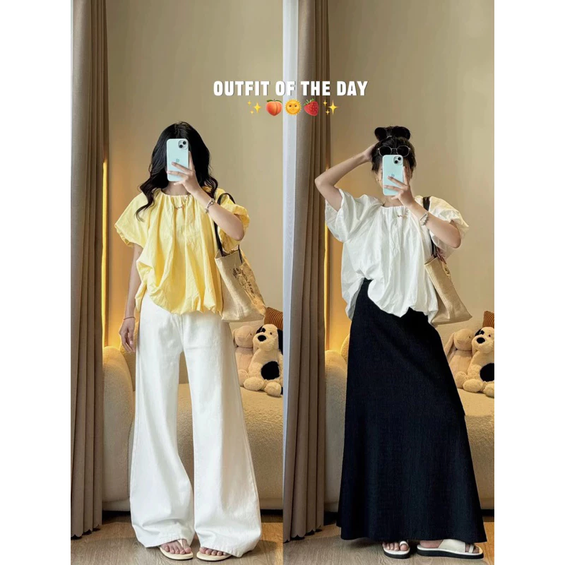 (Hàng chuẩn có sẵn) Áo kiểu chất xô cổ tròn nữ tay phồng dáng quả bí BUBBLE TOP