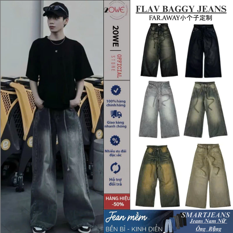 Quần Baggy Jeans Ống Rộng Loa Thắt Lưng Form To Unisex Nam Nữ Phong Cách Retro Hàn Quốc 20we