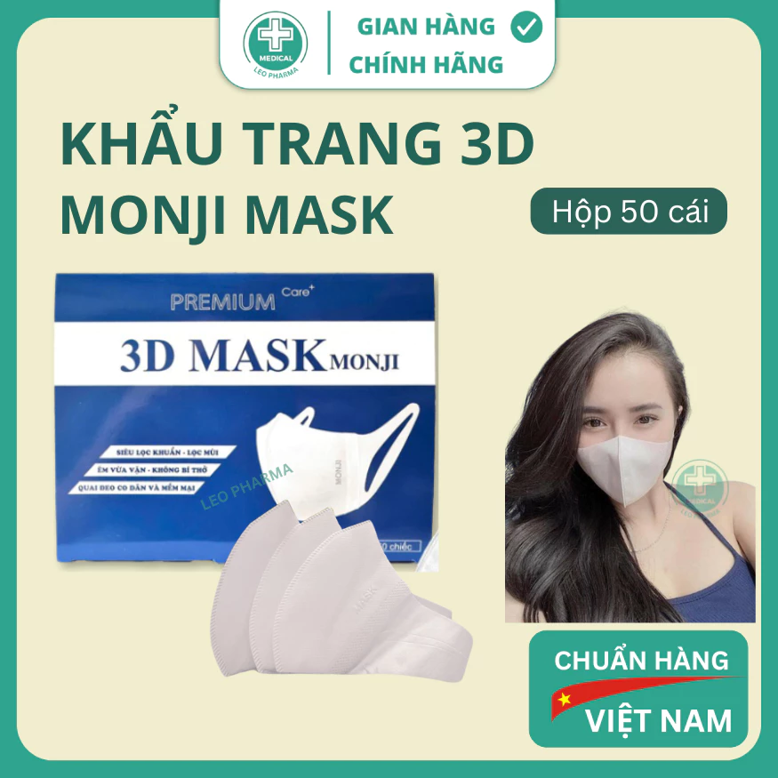 Khẩu Trang 3D Mask Monji Trắng [Hộp 50 Cái] Quai Co Dãn 4 Chiều Rộng Rãi Thoáng Khí ,Lọc Bụi Bẩn