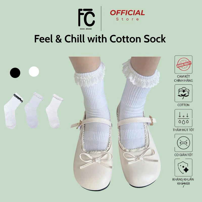 Tất /vớ  cotton cao bắp chân,  viền  Ren nhẹ nhàng, thanh lịch cho nữ sinh phong cách Lolita
