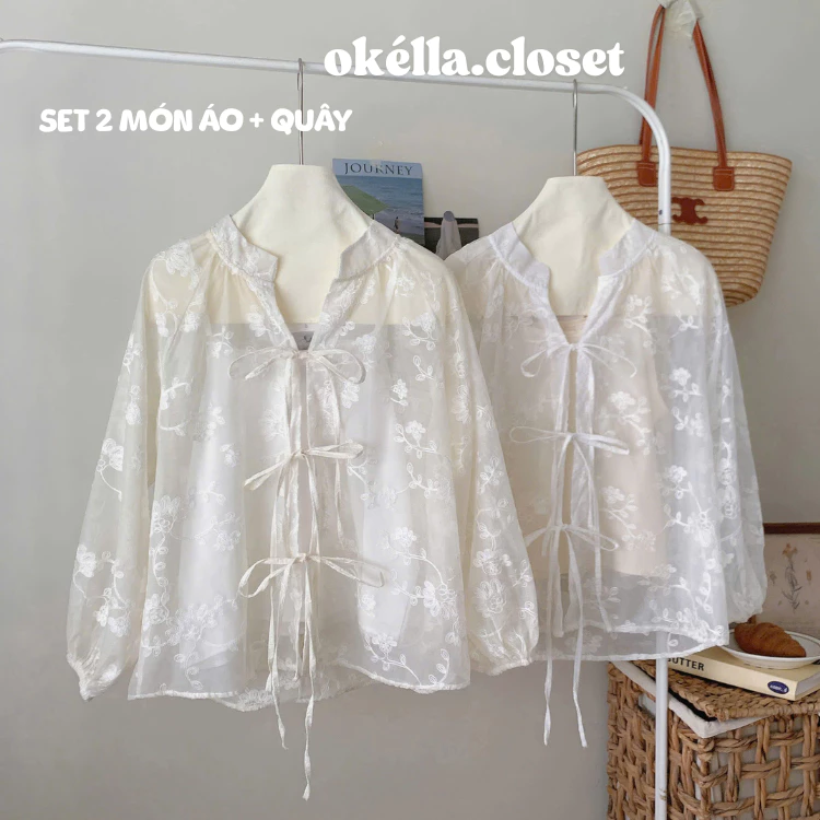 Set áo kèm quây Trắng/Be thắt nơ tiểu thư nàng thơ Okélla