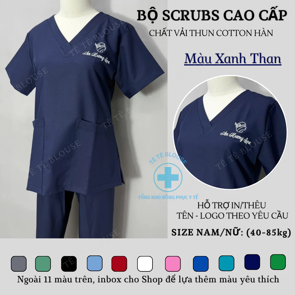 Bộ SCRUBS cổ tim phòng mổ, đồng phục phẫu thuật, Spa, phòng khám, Bác Sĩ, màu TÍM THAN, chất vải LON HÀN và vải Cao cấp