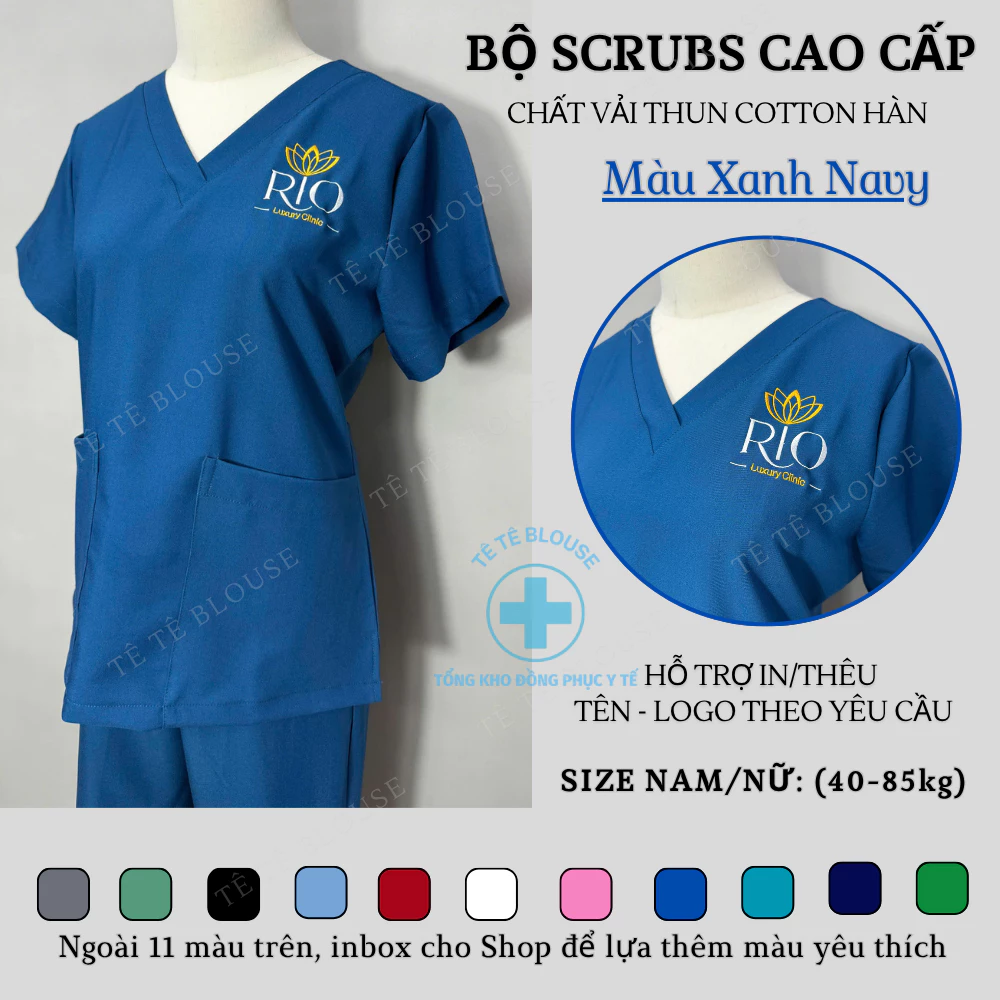 Bộ SCRUBS cổ tim phòng mổ, phẫu thuật, Spa, phòng khám, B.sĩ, màu XANH COBAN, chất vải LON  và vải Thun co giãn cao cấp