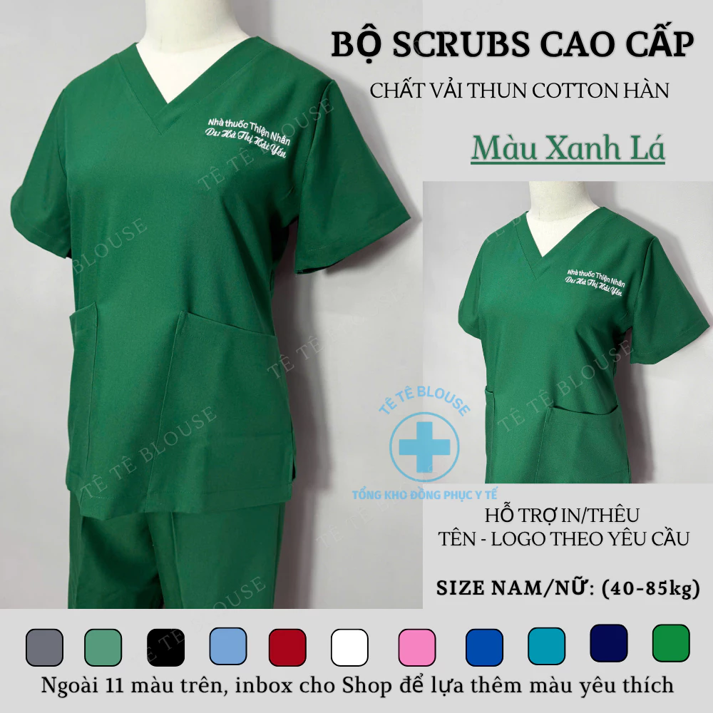 Bộ SCRUBS cổ tim phòng mổ, đồng phục phẫu thuật, Spa, phòng khám, màu XANH LÁ, vải LON mỏng và Thun co giãn cao cấp