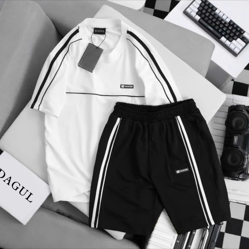 (M-31) Bộ đồ nam nữ mùa hè DAGUL phối viền dệt, logo fashion túi quần có khóa kéo