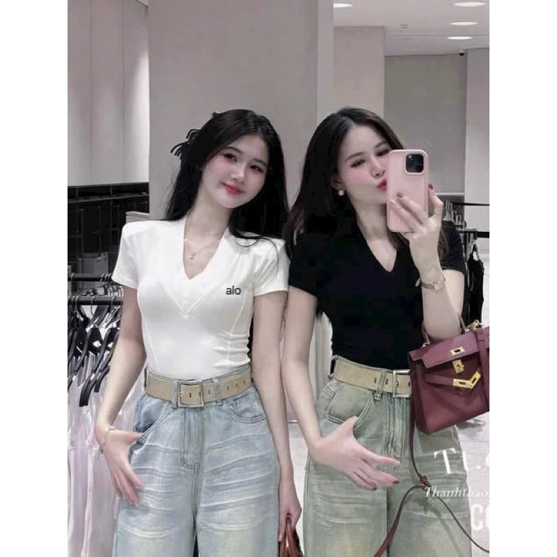 Áo thun cộc tay cổ tim bản to borip lụa xịn(ép alo) KLii sẵn